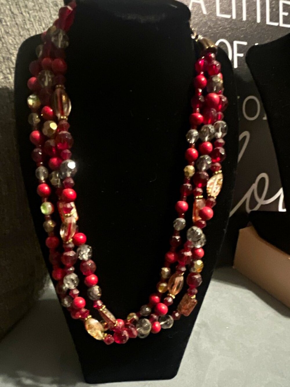 Multi-Strand Layered Red Round Glass Beaded Necklace Gold/Silver Tone Lobster